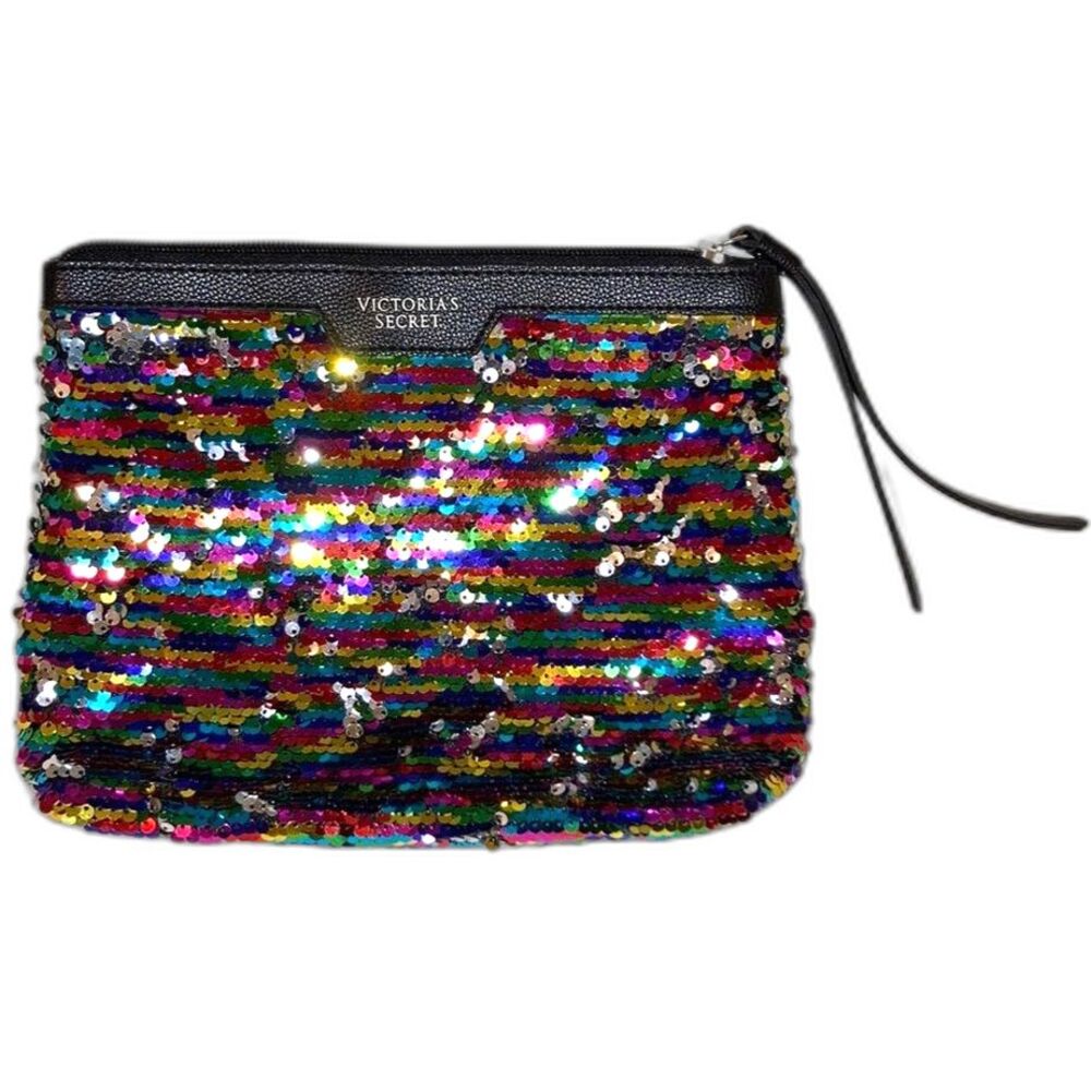 VICTORIAS SECRET Makeup Cosmetic Stripe Sequin Clutch Bag Rainbow 10 x 7.5 x 2"